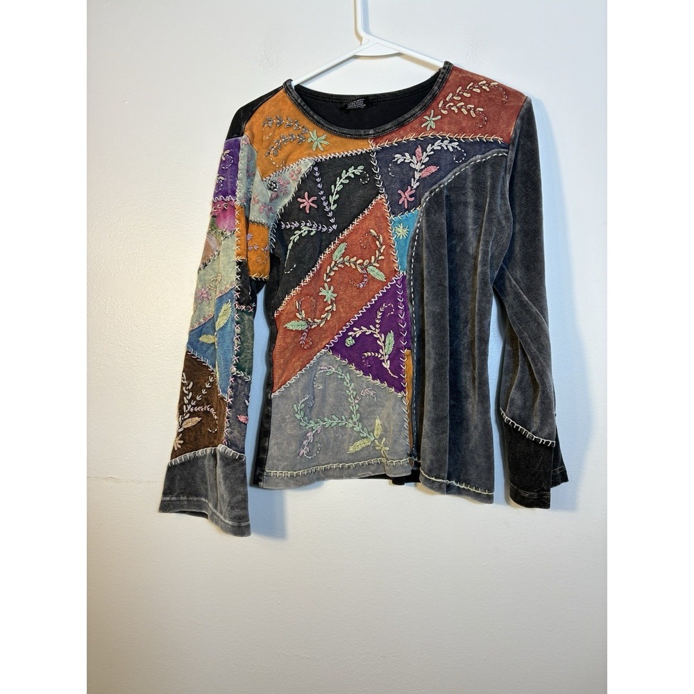 Leopards & Roses‎ Embroidered Long Bell Sleeve Top Women's Sz Large Gray Boho